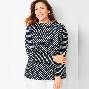 Pure Collection Black White Cotton Blend Chevron Striped Mockneck - 14/16